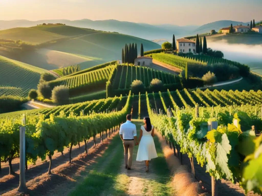 Un grupo en un tour guiado por viñedos italianos al atardecer