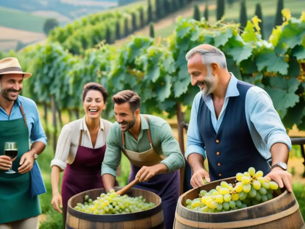 Un grupo de turistas disfruta de la actividad de pisar uvas en un viñedo en la Toscana, Italia, bajo el cálido sol italiano