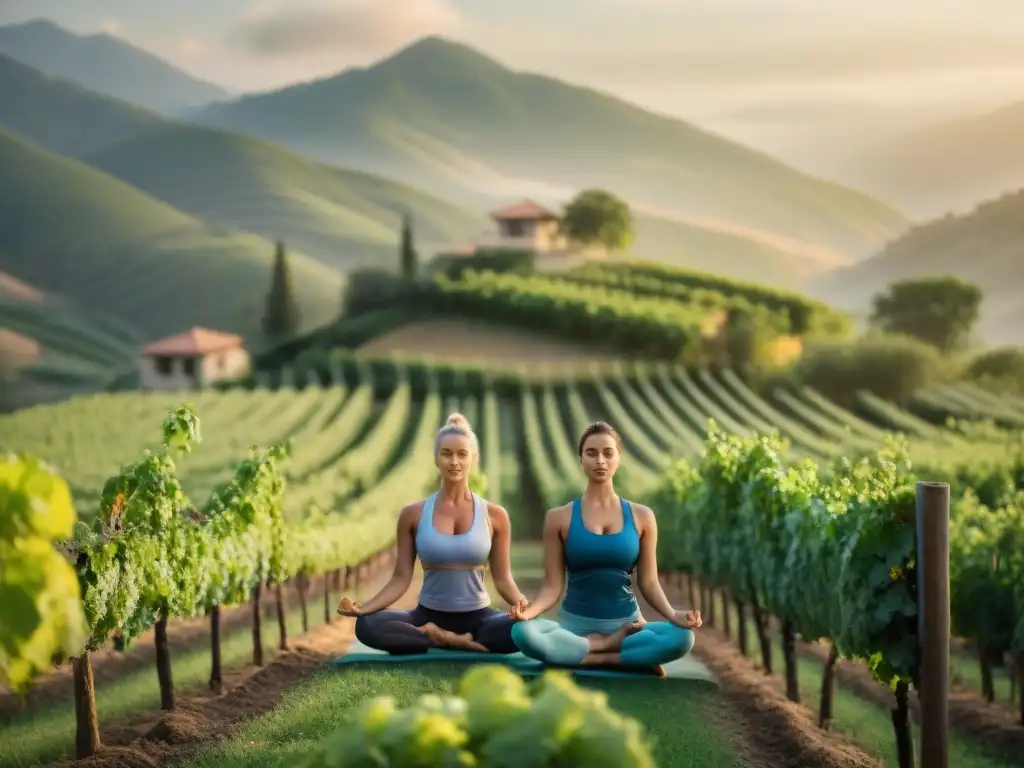 Grupo practica yoga entre viñedos al amanecer, transmitiendo serenidad