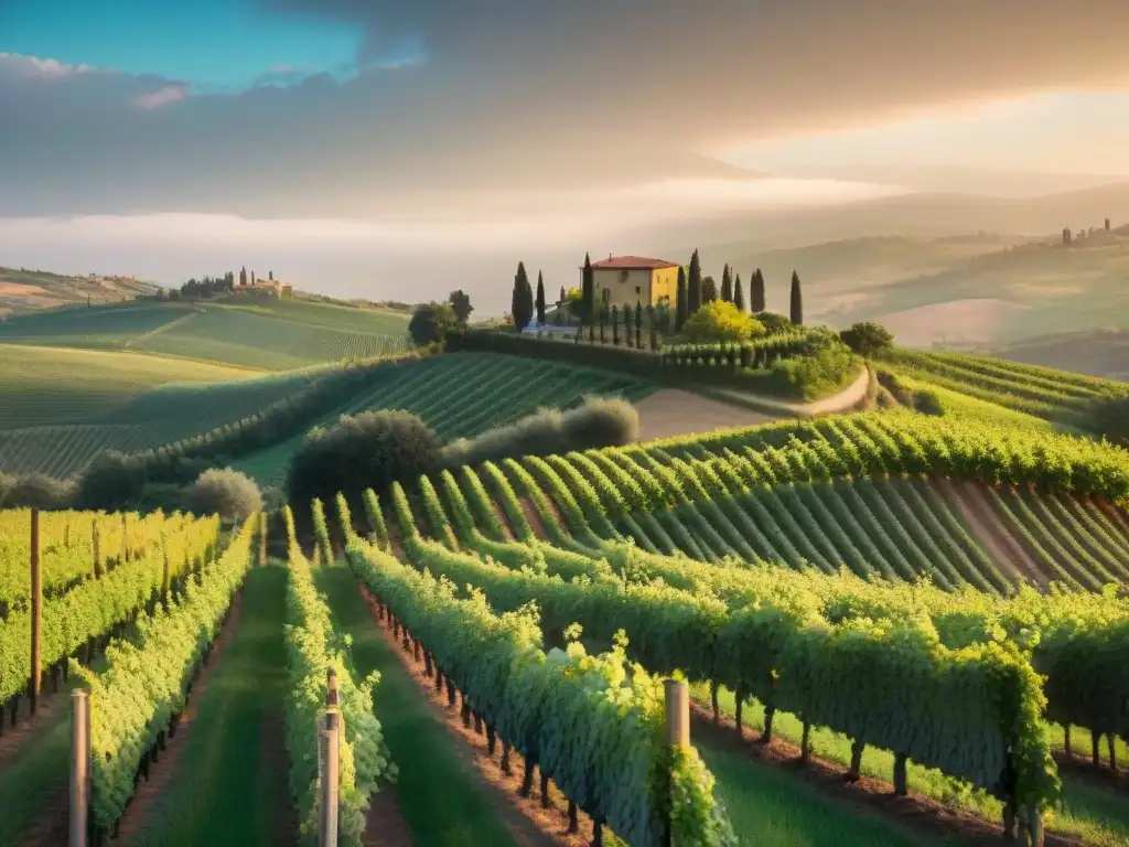 Un grupo de viticultores italianos certificados trabajando en armonía en los viñedos de la Toscana al atardecer