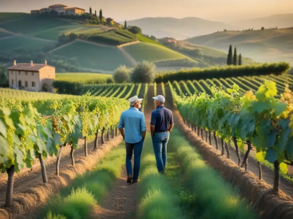 Grupo de viticultores italianos certificados inspeccionando viñedos en Toscana al atardecer