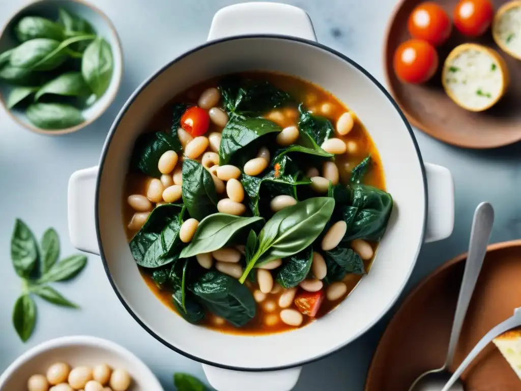 Un guiso vegetariano italiano con acelgas, cannellini, tomates y hierbas en una olla burbujeante en una cocina rústica