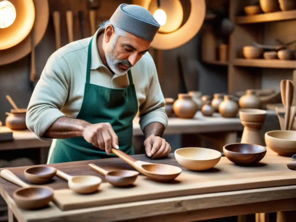 Un hábil artesano italiano talla una cuchara de madera en un taller rústico, destacando la autenticidad de las cucharas de madera italiana