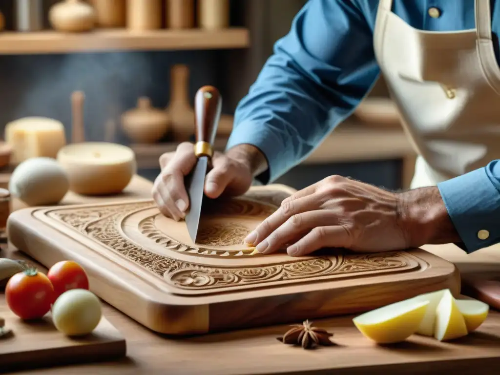 Un hábil artesano italiano talla diseños intrincados en una tabla de cortar de alta calidad