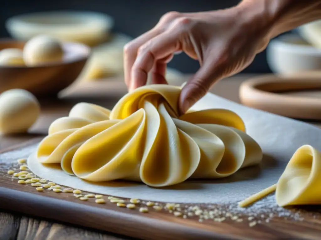 Un hábil artesano italiano trabaja la masa fresca para pasta en una superficie de madera