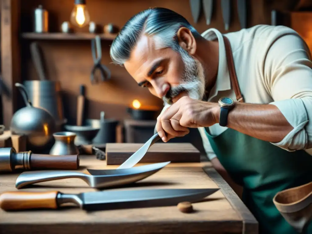 Un hábil artesano italiano crea una tenedor de plata, mostrando la artesanía de la cubertería italiana diseño auténtico