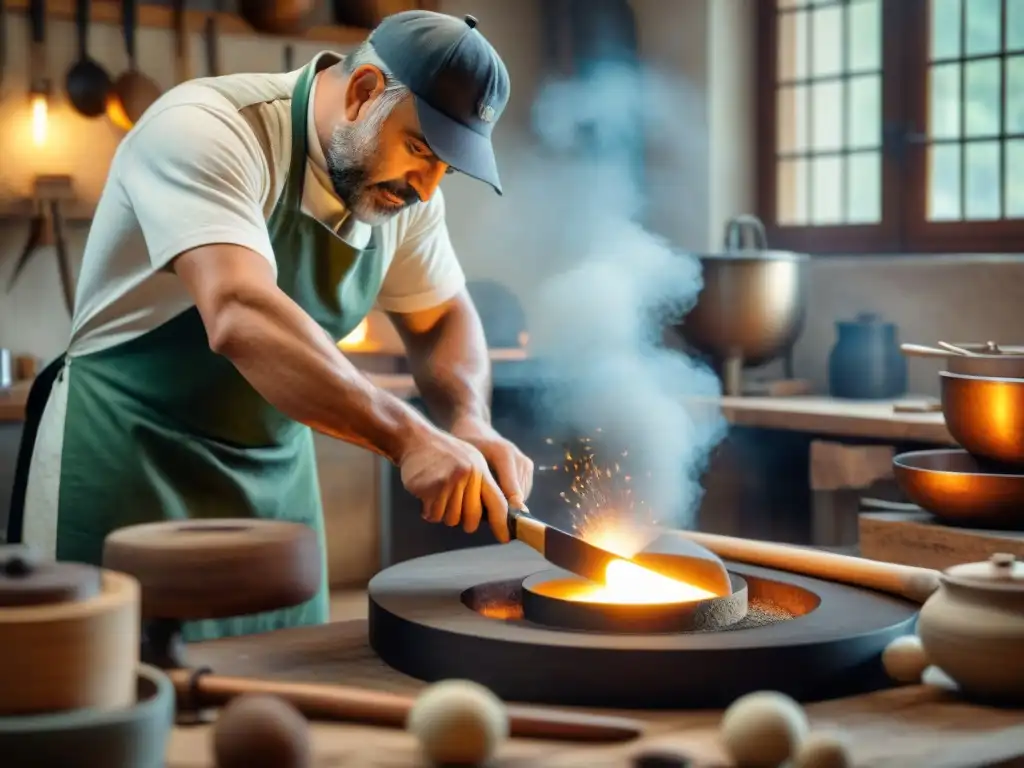 Artesano italiano creando utensilios de cocina premium con maestría Un hábil artesano italiano confecciona utensilios de cocina italianos innovadores en un taller rústico y elegante, bañado en cálida luz natural