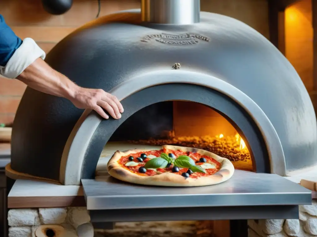 Un hábil artesano desliza una pizza recién hecha en un horno de piedra para pizza, entre colores vibrantes y calor intenso en una cocina rústica