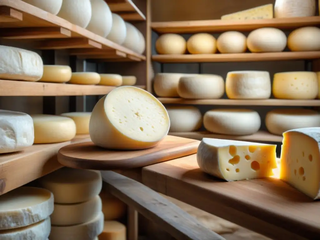 Un hábil artesano elabora un queso Parmigiano Reggiano en un entorno campestre, rodeado de quesos italianos tradicionales recomendados