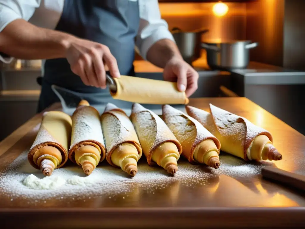 Un hábil chef pastelero elabora cannolis en una cocina italiana tradicional