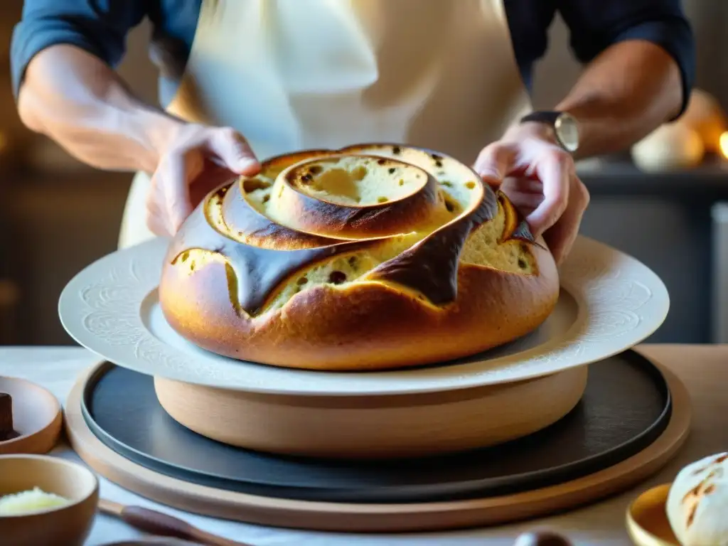 Un hábil panadero artesanal decora un panettone con ganache de chocolate, creando el Mejor panettone artesanal 2022