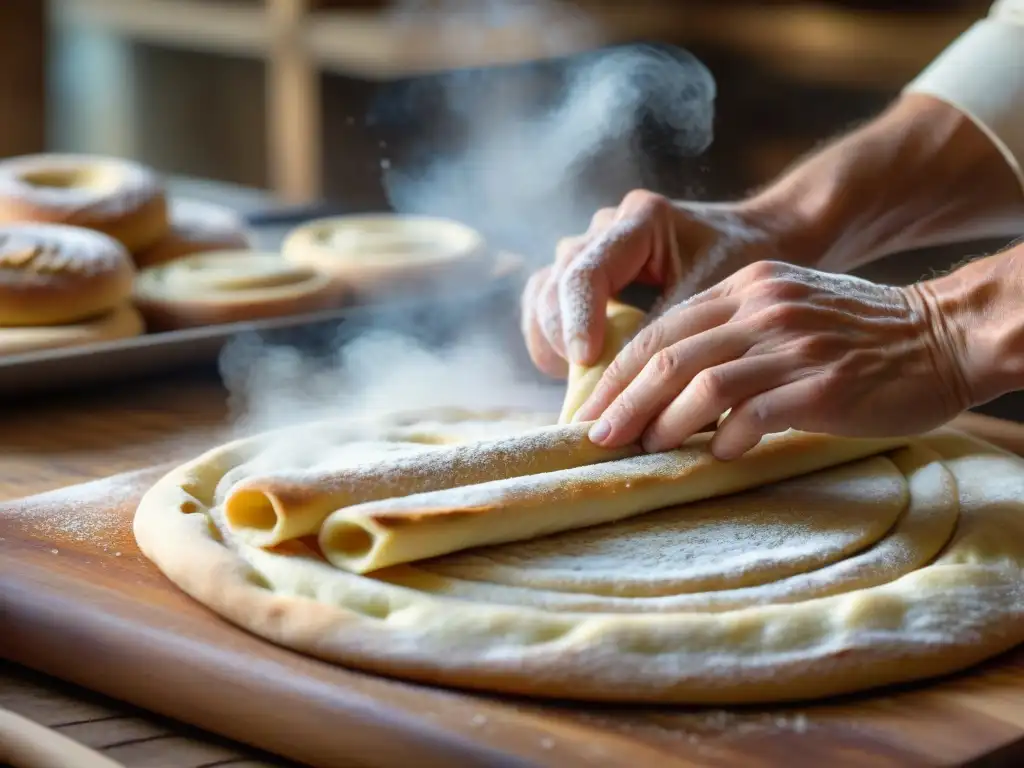 Un hábil panadero italiano moldea finas tiras de masa para grissini en una panadería rústica