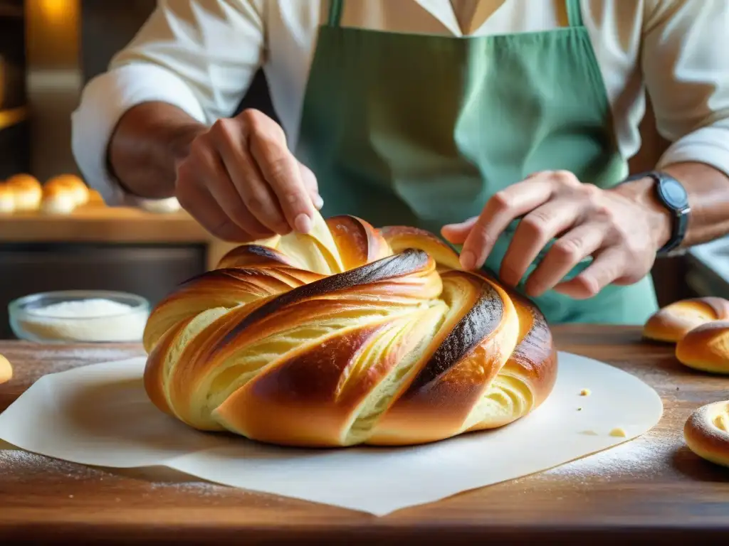 Un hábil panadero italiano da forma a una masa de brioche en una panadería rústica y soleada, mostrando la auténtica receta de pan brioche