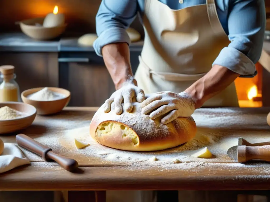 Un hábil panadero italiano amasa la masa en una cocina rústica, evocando la influencia alemana en la fermentación italiana