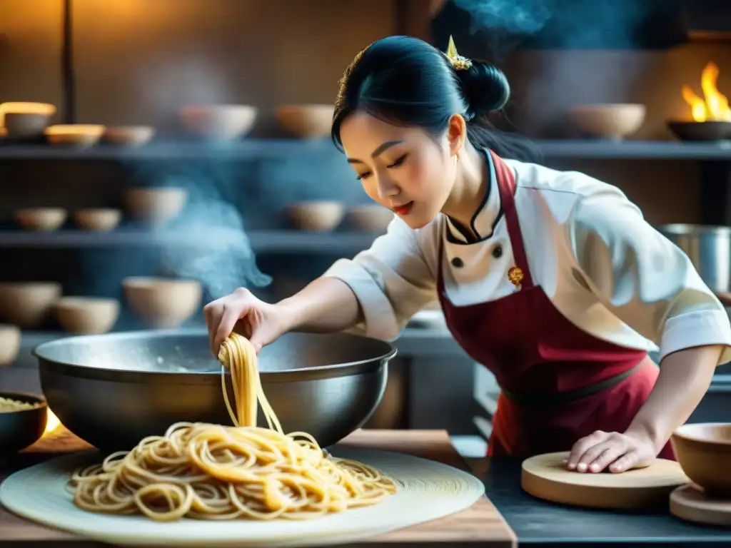 Hábiles chefs chinos elaborando fideos artesanales, mostrando la maestría detrás de la pasta