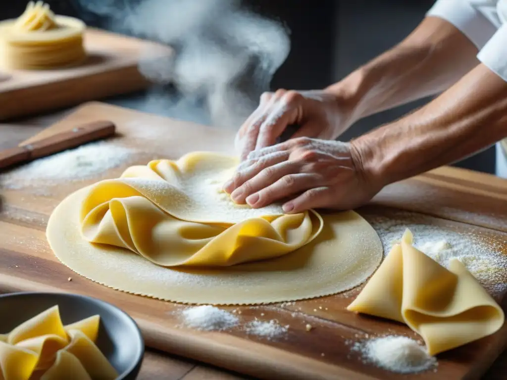 Hábiles chefs italianos amasan pasta fresca con técnicas tradicionales