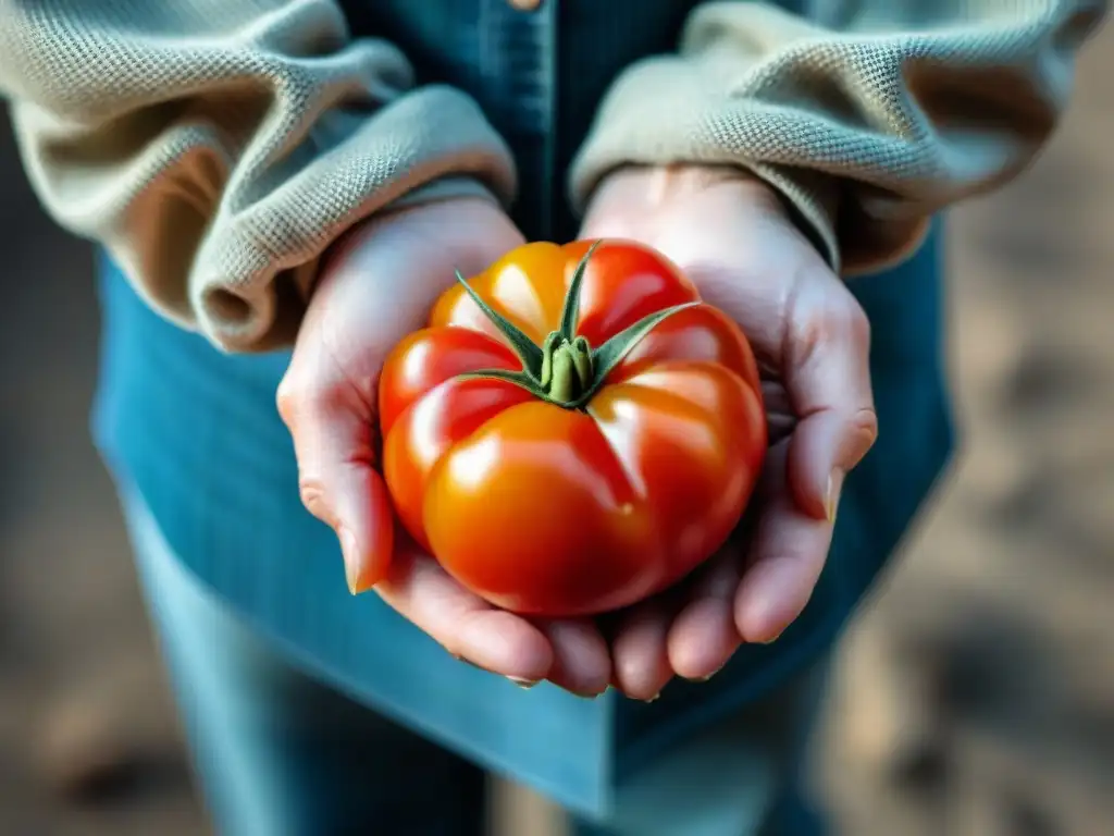 Manos del agricultor: la pasión detrás del tomate italiano Las hábiles manos de un agricultor sostienen un tomate heirloom, capturando la esencia de los festivales agroturismo gastronómicos en Italia