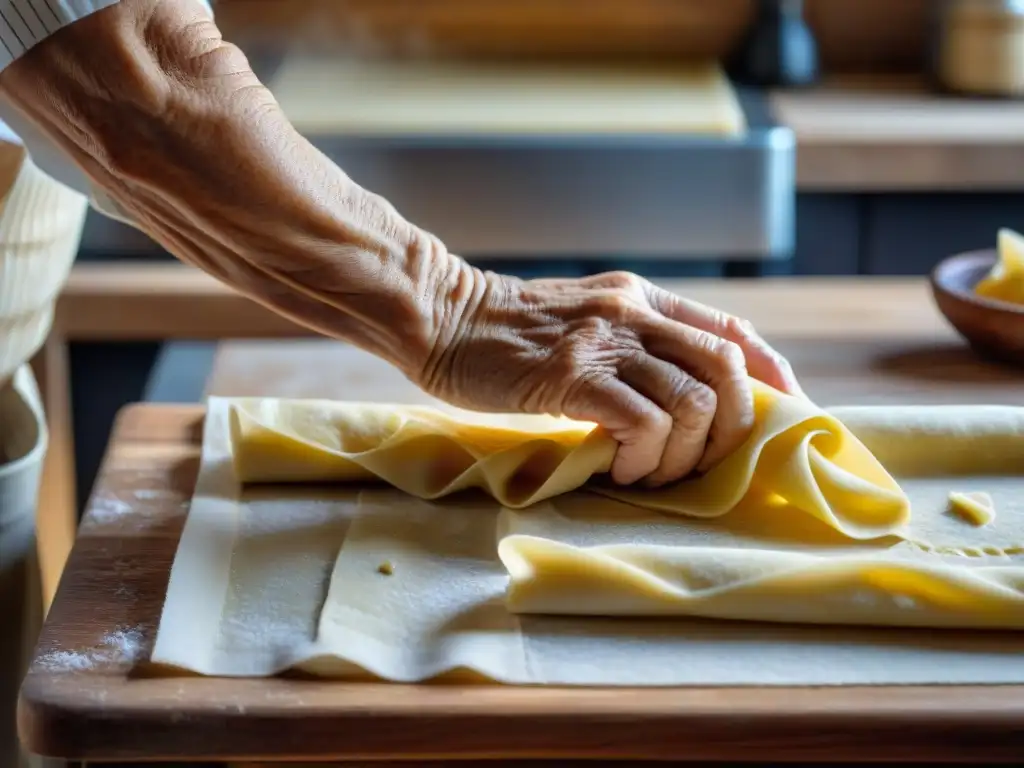 Las hábiles manos de una anciana italiana experta en cocina tradicional, amasan pasta fresca en una cocina rústica