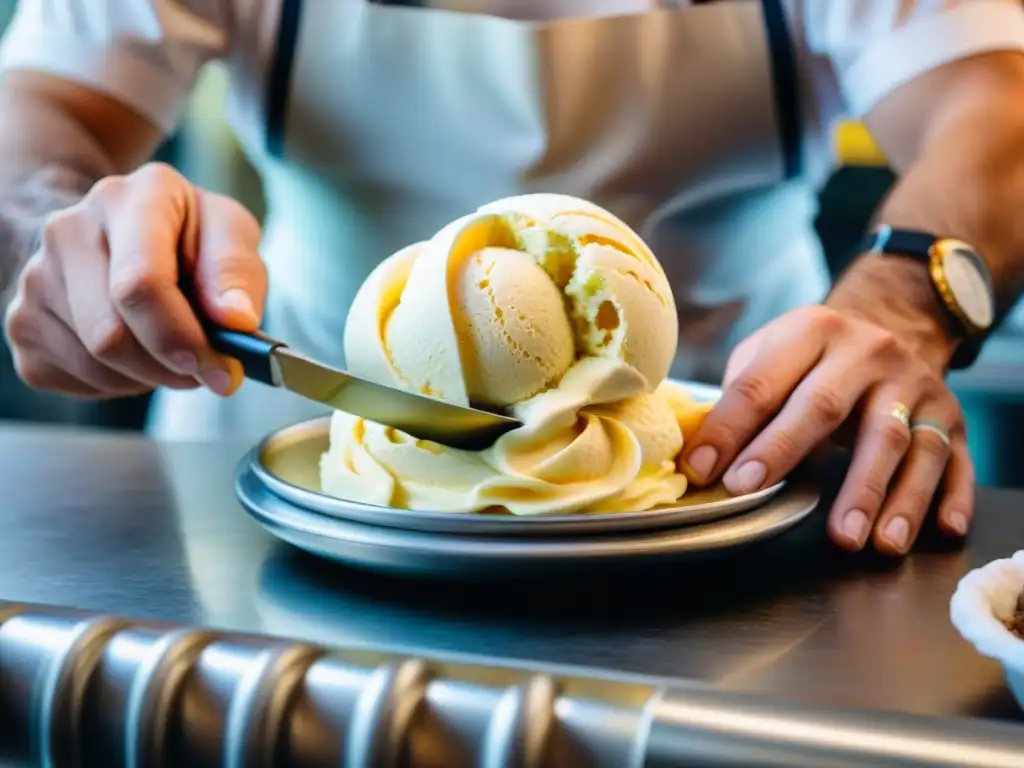 Las hábiles manos del artesano crean el gelato perfecto en una tradicional heladería italiana, con vibrantes sabores de fondo