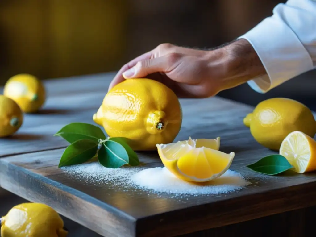 Las hábiles manos de un artesano italiano zestean limones frescos para la historia del Limoncello italiano