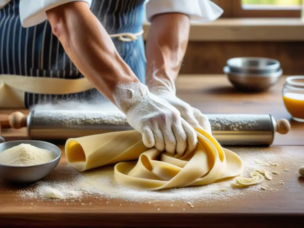 Las hábiles manos de un chef italiano experto en cocina italiana tradicional innovadora amasan la masa de pasta casera