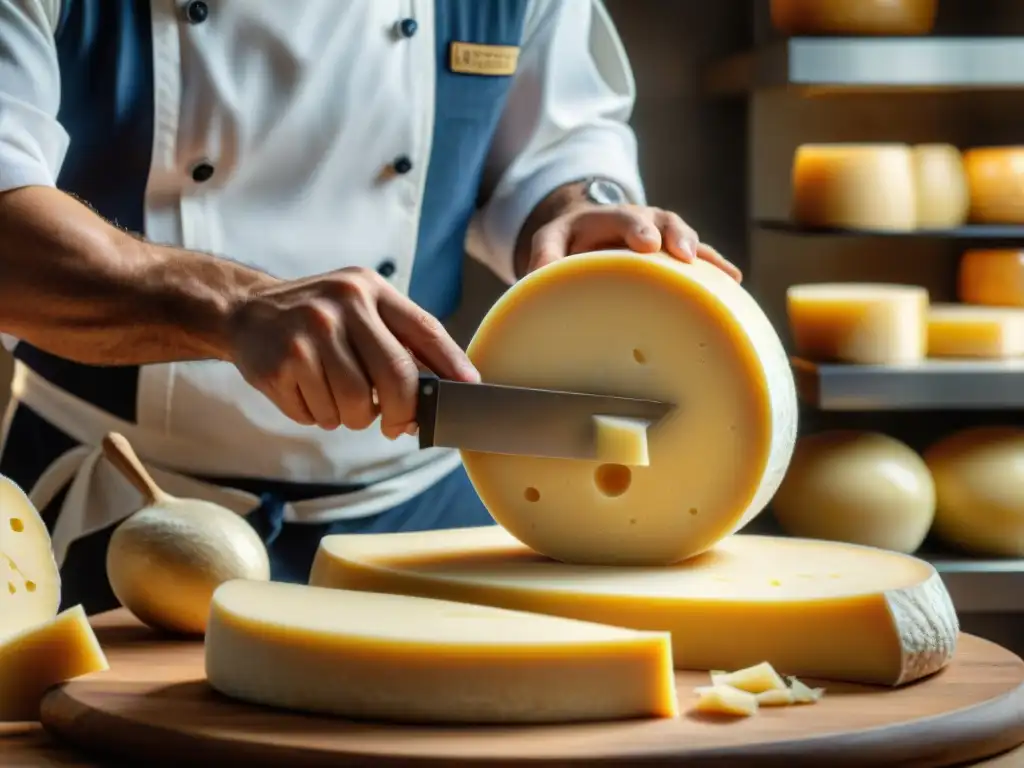 Las hábiles manos de un chef italiano cortando queso Parmigiano Reggiano, representando la tradición y calidad de los productos DOP e IGP italianos