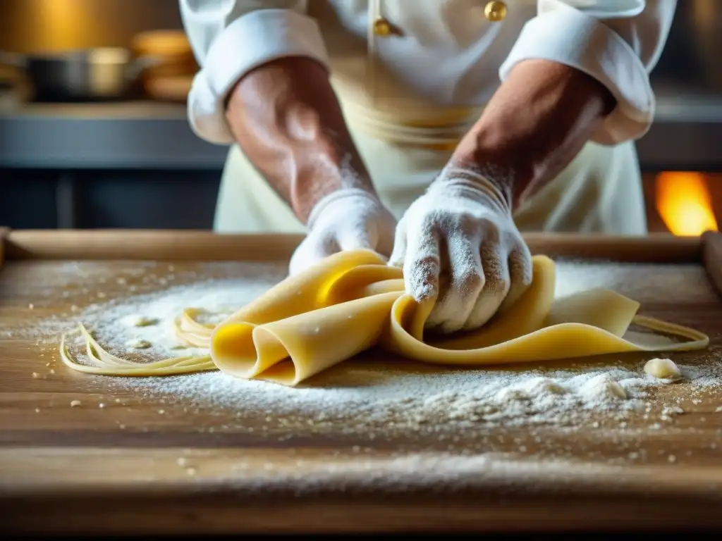 Las hábiles manos de un chef italiano experto en pasta fresca, bajo la cálida luz de una cocina rústica