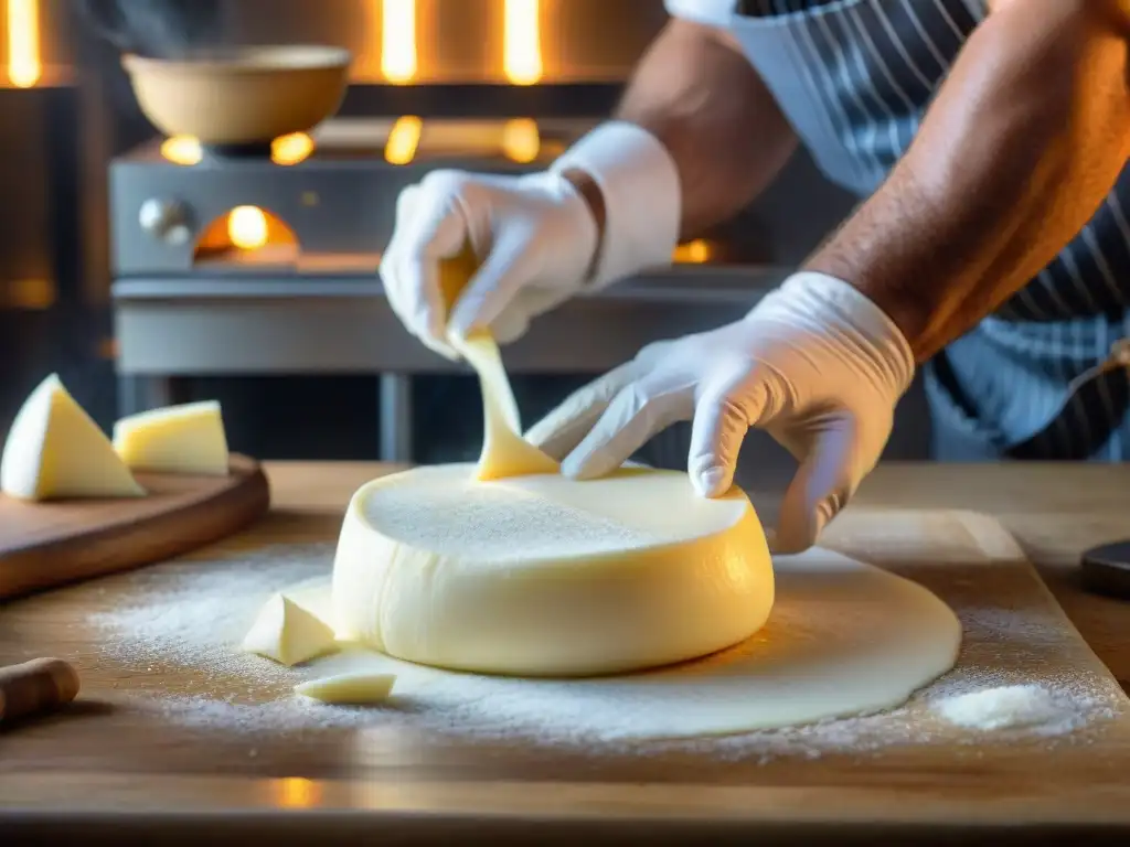 Las hábiles manos del chef italiano moldean delicadas láminas de sfoglia de mozzarella, resaltando la tradición culinaria