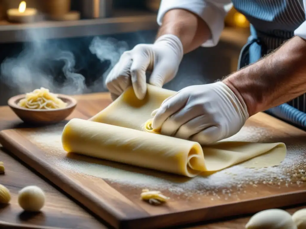 Las hábiles manos de un chef italiano experto en pasta, rodillo de madera en mano, creando una lámina fina y suave de masa de pasta