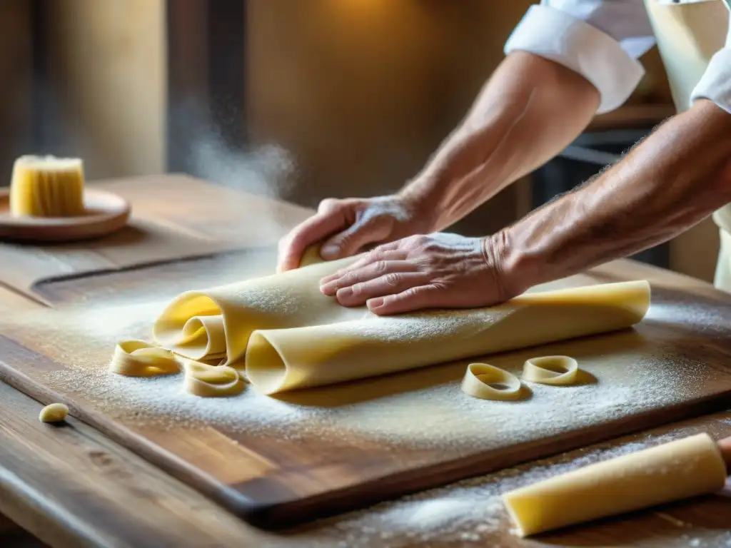 Las hábiles manos del chef italiano experto en pasta fresca, con tatuajes de utensilios de cocina tradicionales