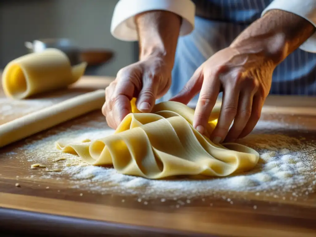 Las hábiles manos de un chef italiano experto en pasta al dente, creando una obra maestra culinaria