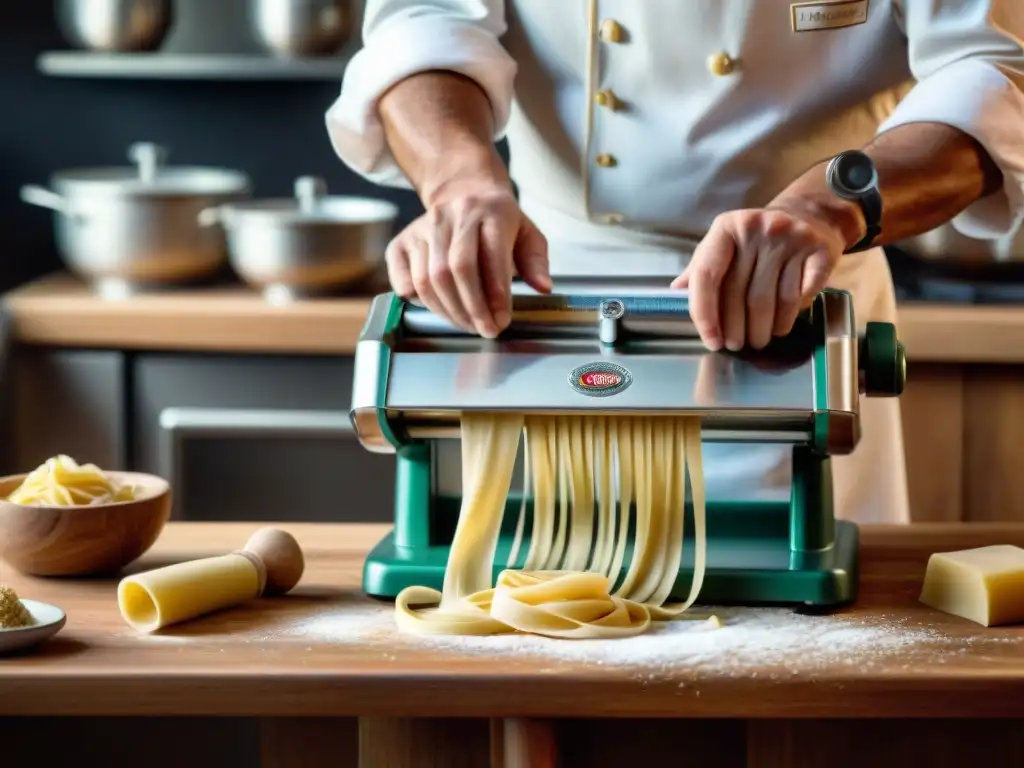 Las hábiles manos del chef italiano estrella Michelin preparando pasta fresca de forma artesanal en una cocina tradicional