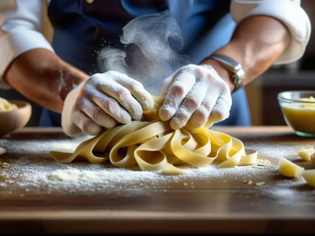 Las hábiles manos de un chef italiano creando pasta casera, revelando patrones de luz