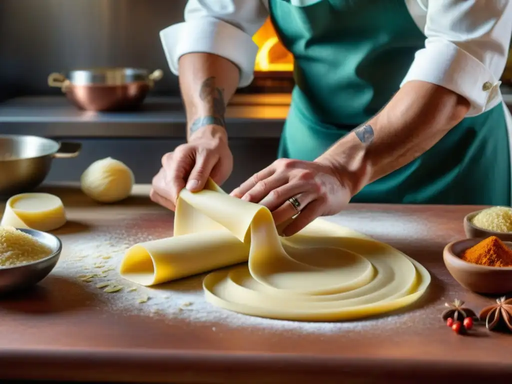 Las hábiles manos del chef italiano experto en cocina enrollan la masa fresca con precisión en una cocina tradicional italiana