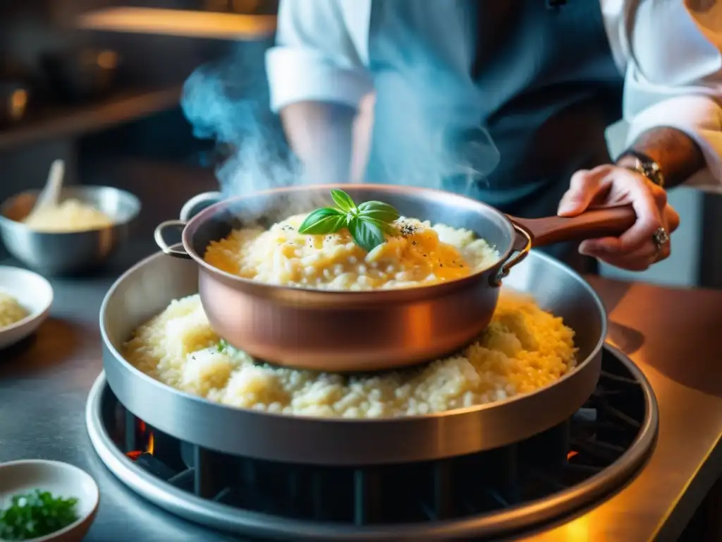 Las hábiles manos del chef italiano remueven el risotto cremoso en una olla de cobre