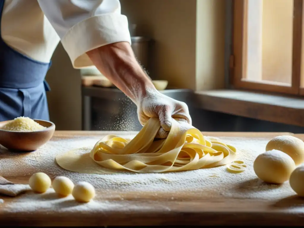 Las hábiles manos de un chef italiano estiran la masa fresca en una cocina rústica, mostrando la innovadora técnica de la cocina italiana tradicional