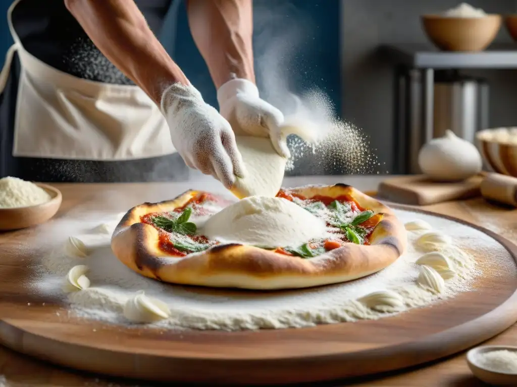 Las hábiles manos de un chef estiran y lanzan la masa de pizza, creando la base perfecta con destreza