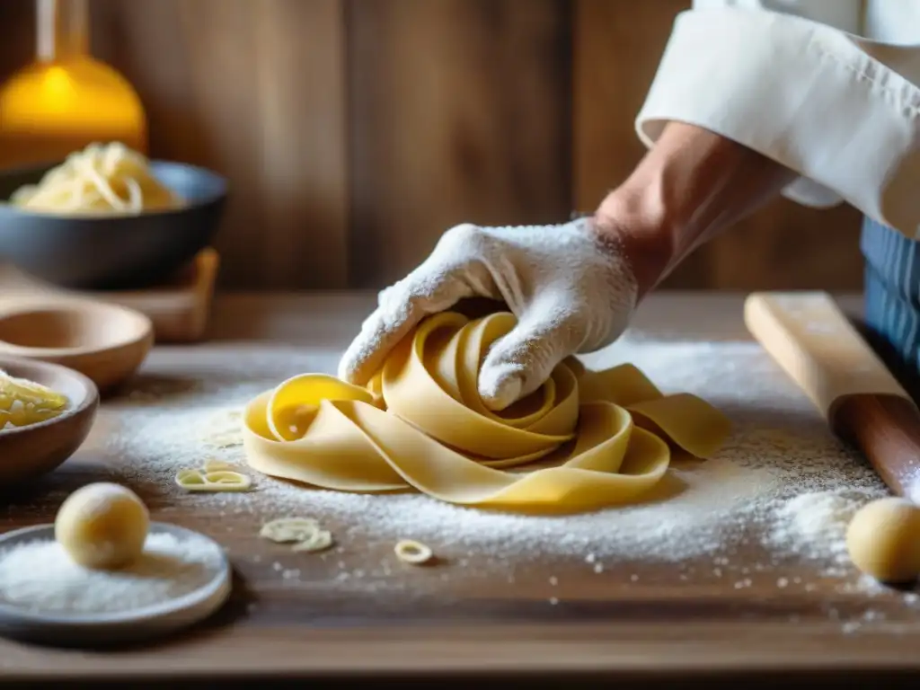 Las hábiles manos de un chef amasando masa fresca en una encimera de madera rústica