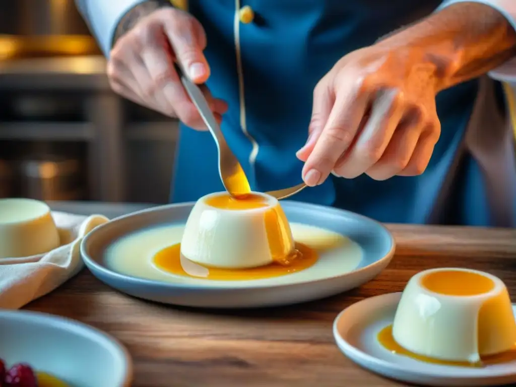 Las hábiles manos de un chef vertiendo una mezcla cremosa de pannacotta en moldes individuales, en una cocina rústica