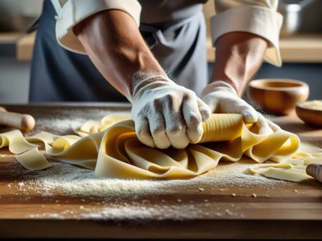 Las hábiles manos de un chef amasan pasta fresca con precisión, en una escena cinematográfica de cocina italiana paso a paso