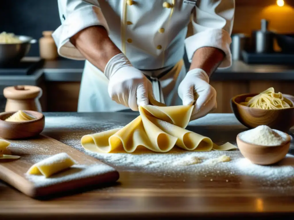 Las hábiles manos de un chef moldean pasta casera en una cocina iluminada, capturando la esencia de dominar el arte culinario italiano