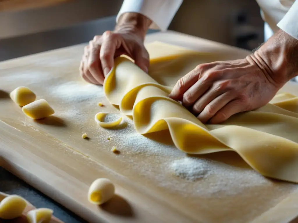 Las hábiles manos de un chef crean pasta fresca en una escena detallada, revelando la historia de las recetas italianas tradicionales