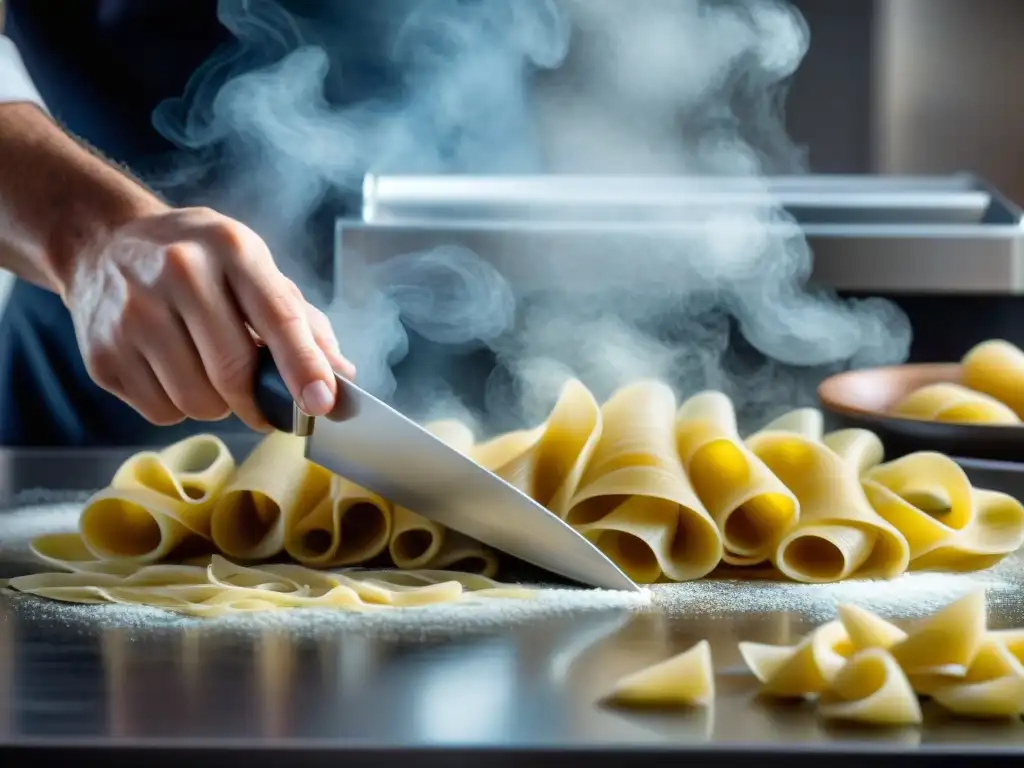 Las hábiles manos de un chef cortando pasta fresca con un elegante cortador de acero inoxidable