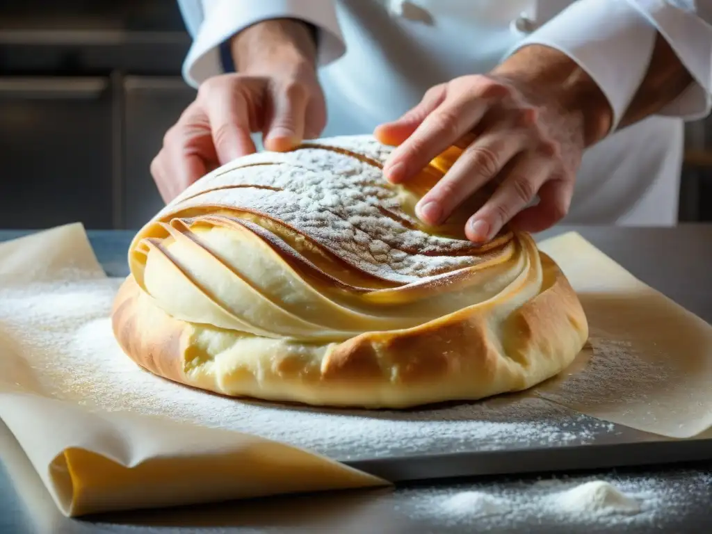 Las hábiles manos del chef pastelero crean con precisión las capas de sfogliatella