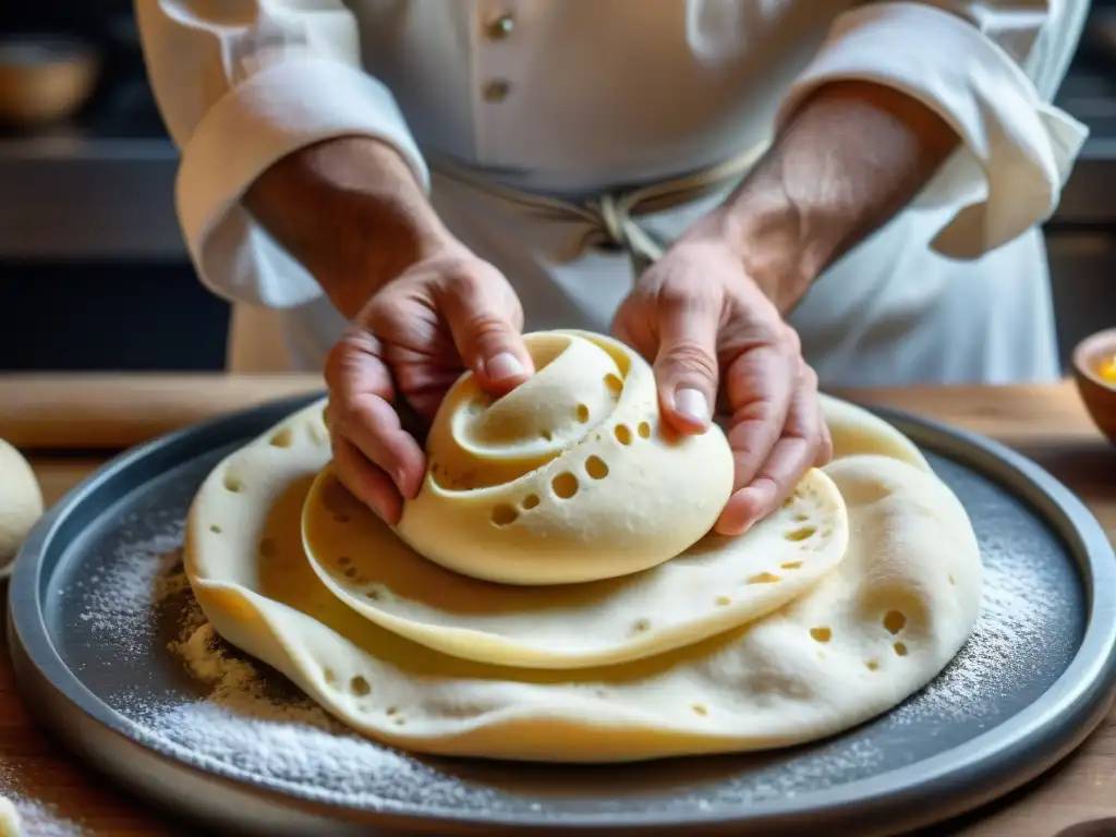 Las hábiles manos del chef amasan la Piadina Romagnola receta tradicional con destreza y pasión