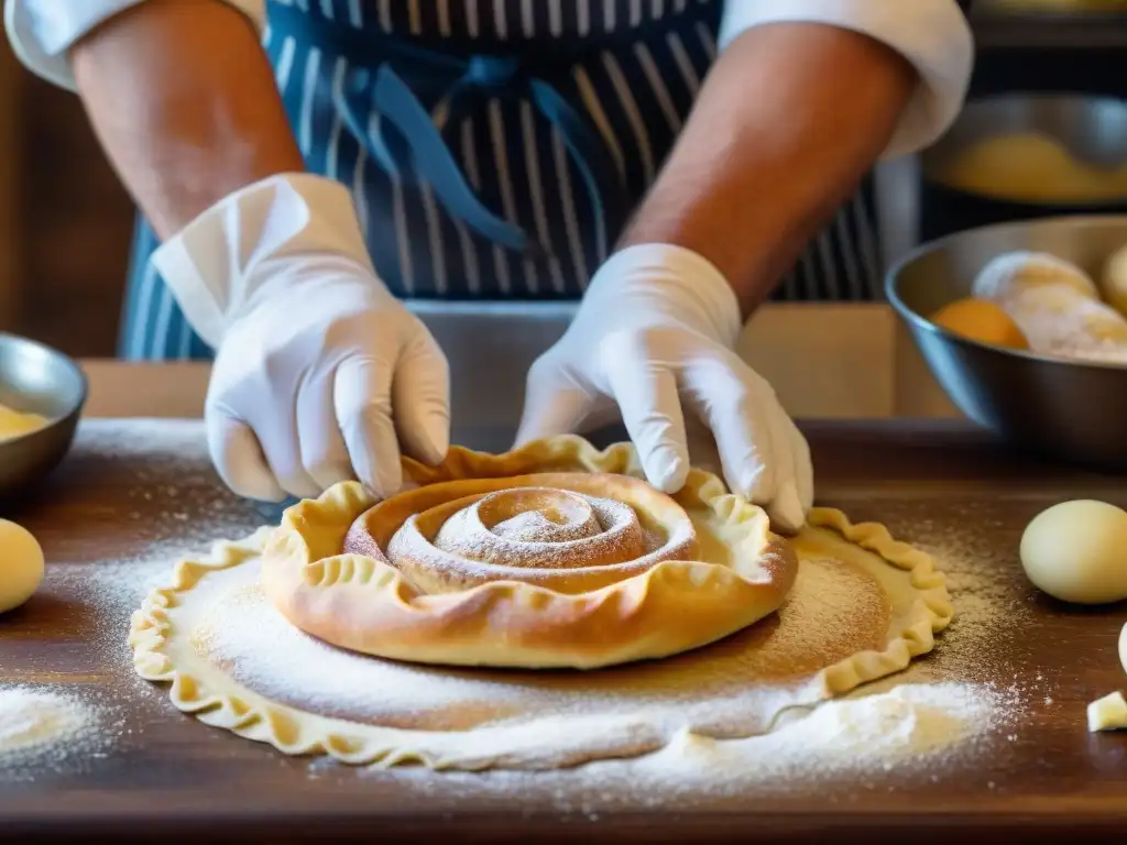 Las hábiles manos de un chef repostería crean Chiacchiere, demostrando la artesanía de este dulce italiano