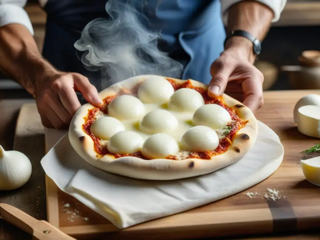 Las hábiles manos del chef estiran y giran la Mozzarella di Bufala, revelando el secreto de la pizza perfecta