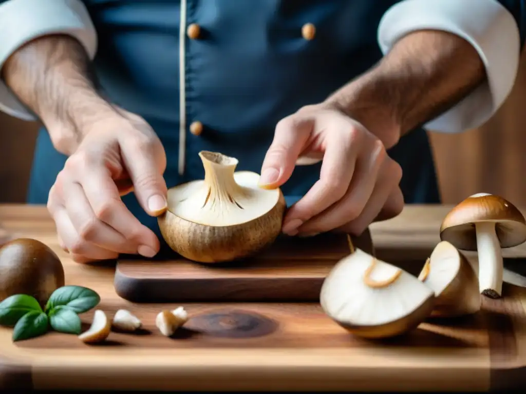 Las hábiles manos de un chef cortando setas Porcini frescas en una tabla de madera, con una iluminación suave y natural