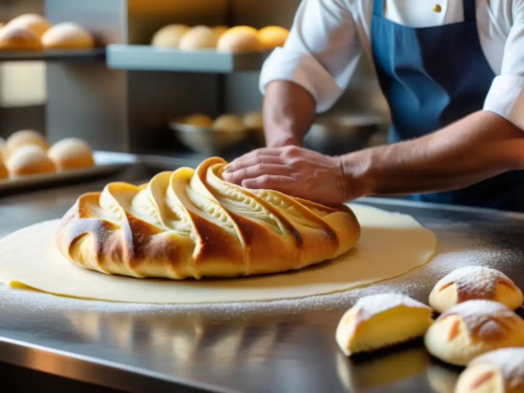 Las hábiles manos del chef crean sfogliatella con precisión en panadería napolitana