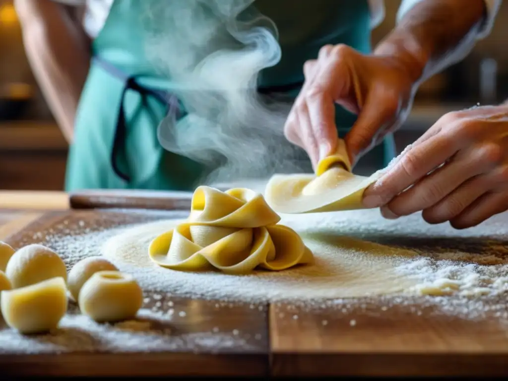 Las hábiles manos de un chef moldeando tortellini perfectos en Bolonia